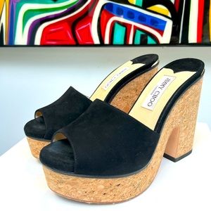 Jimmy Choo black suede and cork wedges. Size 38